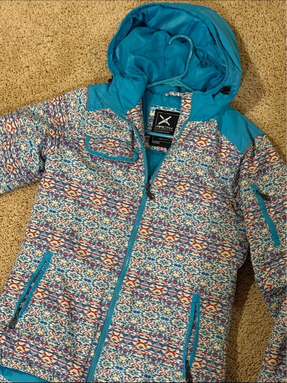 Arctix Jacket Teal-Accented Multicolor Patterned Hooded Jacket